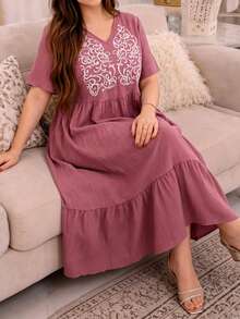 Al Najma Plus Size Short Sleeve Solid Color Embroidered A-Line Arabic Style Dress For Women - Dusty Pink - View 8