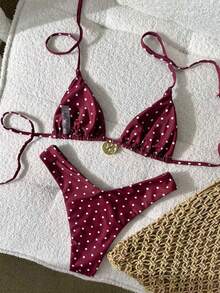 Swim Mod Swim Chicsea-D Women's Black & White Polka Dot Random Print Halter Metal Decor Bikini Set, Spring/Summer - Multicolor - View 5