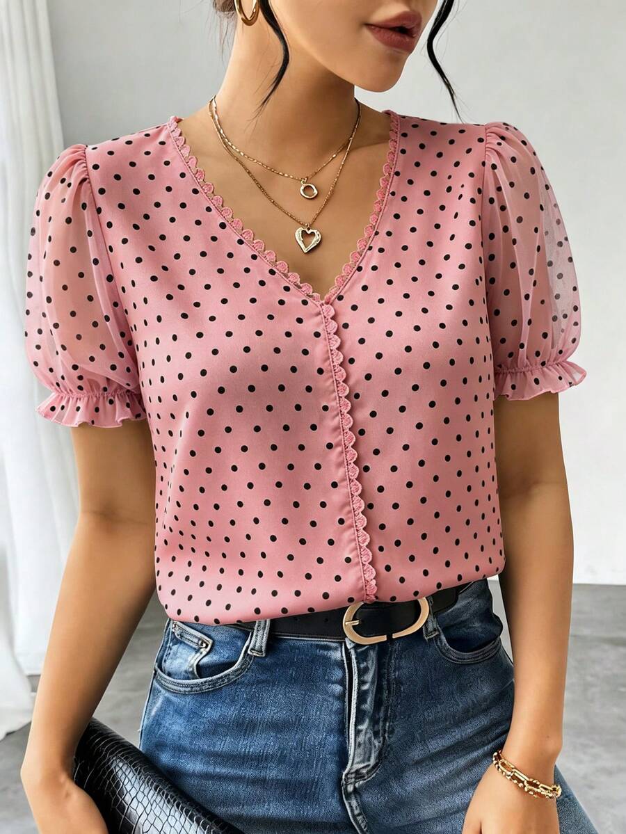 RosyDaze Women's Fashionable French Polka Dot Chiffon Blouse, Intellectual Elegant Short Sleeve Ruffle Design Shirt For Summer - Pink - View 1