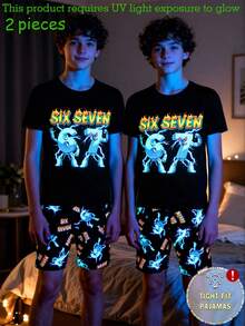 Tween Boys Glow-In-The-Dark Graphic Print Snug Fit Pajama Set, 2pcs - Includes Short Sleeve Top And Shorts - Black - View 6