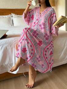 DAZY Floral Retro Print V-Neck Loose Long Dress, Women Summer Sleepwear Pajamas - Pink - View 5