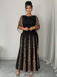 SHEIN CURVE+ Plus Size Women's Elegant Chiffon Patchwork Leopard Print Long Sleeve Waist Cinched Dress, Suitable For Spring And Autumn - Multicolor - View 6