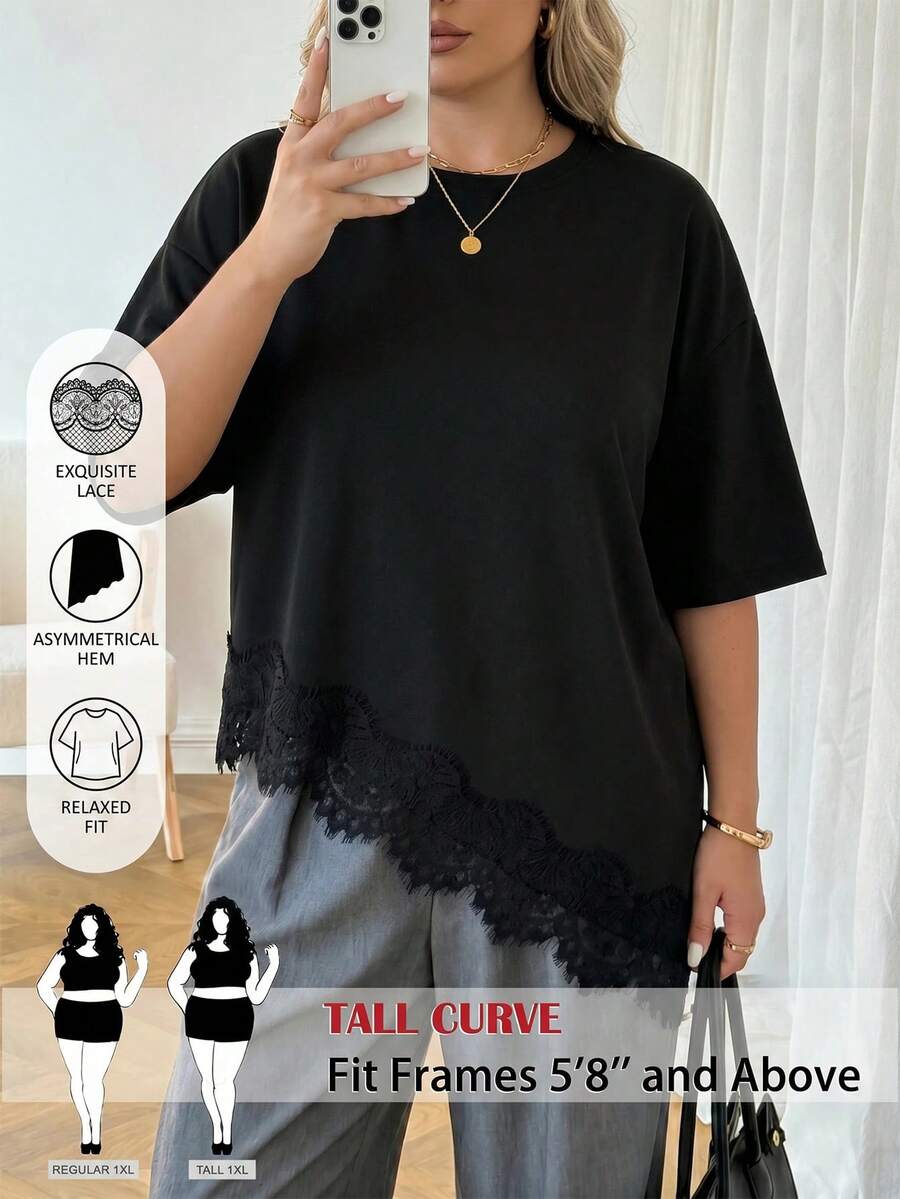 SHEIN Tall CURVE CURVE 大尺碼女款高身長黑色蕾絲拼接不對稱下擺T恤,休閒日常上衣,適合秋冬夏季 - 黑色 - 查看 1