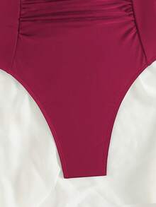 SHEIN Swim 女士性感露背交叉绑带侧边褶皱连体泳衣，夏季沙滩装 - 酒紅色 - 查看 4