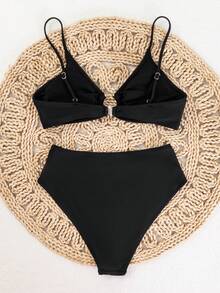 Swim Basics Summer Beach Round Ring Detail Spaghetti Straps Bikini Bathing Suit Set - Black - View 5