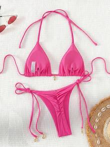 Swim Basics Conjunto de bikini de unicolor para vacaciones en la playa - Rosa - Ver 2