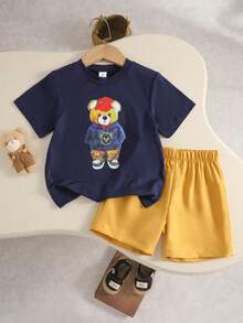 2pcs/Set Toddler Boys' Summer Casual Fashionable Comfortable Graphic Print Round Neck Raglan Top And Striped Shorts, Suitable For Outdoor Play Wear - Multicolor - View 3