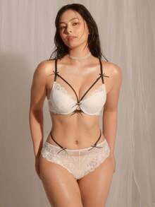 DelicateAllure 2pcs Women's Fashion Heart Lace Bow Decor Lingerie Set - White - View 5