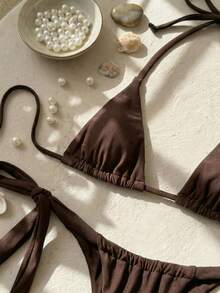 SHEIN 女款夏季度假海灘純色微三角掛脖比基尼套裝 - 彩色 - 查看 6