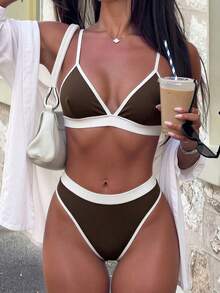 Swim Basics Bộ bikini gợi cảm phối màu Springbreak dành cho nữ, họa tiết ngẫu nhiên. - Cà phê nâu - Xem 1