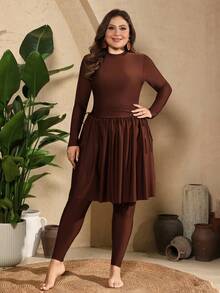 Swim Mulvari Plus Size Solid Color Minimalist Long Sleeve Burkini Set - Brown - View 3