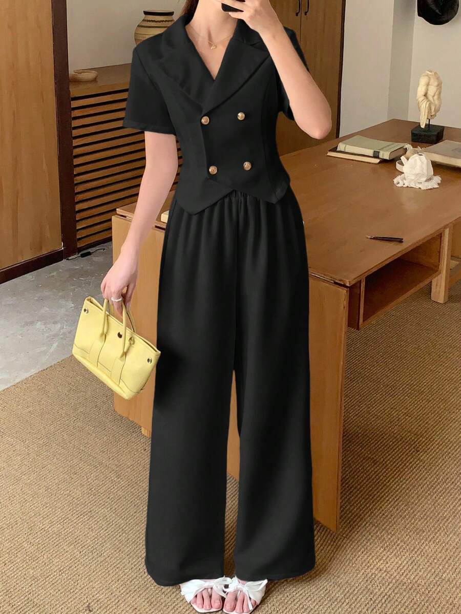 SHEIN 少女黑色纯色梭织休闲通勤套装,包括翻领短袖纽扣弧形下摆上衣和直筒裤两件套,适合返校季穿着,休闲优雅。 - 黑色 - 查看 1