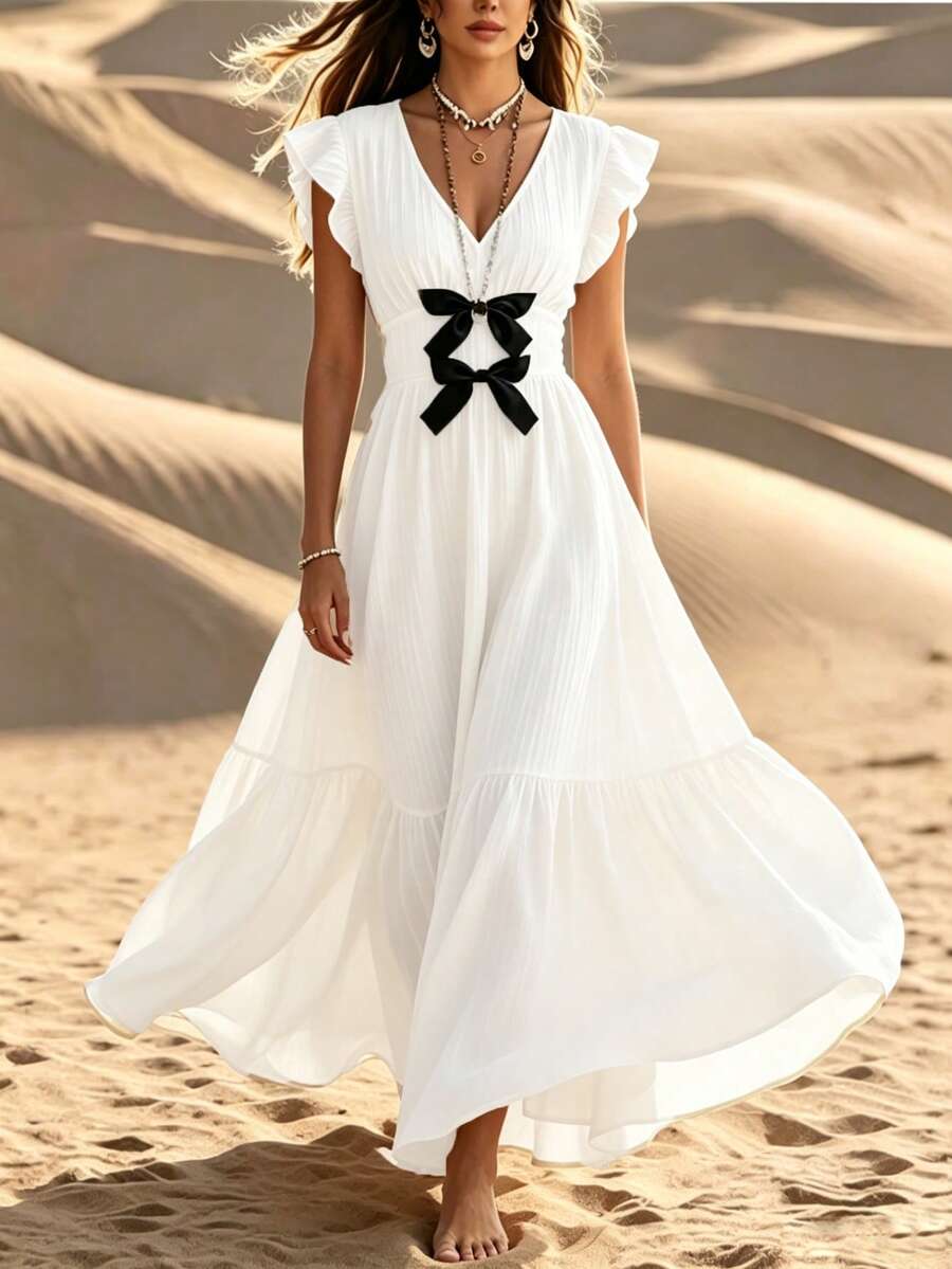 SHEIN Holidaya Đầm nữ dáng ôm, cổ chữ V, tay ngắn, chất liệu mềm mại, điểm nhấn là nơ trang trí, thích hợp cho công sở, mặc hàng ngày và đi nghỉ mát.
