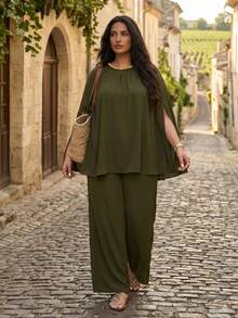Lacomfia Plus Size Women's Olive Green 2 Pieces Set,Summer Country Tropical Al-Adha Tea Party Beaded Necklace Poncho Top&Loose Long Pants Vacation Outfits - Olive Green - View 5