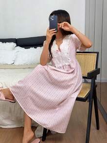 Napfluff 刺绣花卉V领印花长款柔软舒适女士睡裙 - 粉色 - 查看 3