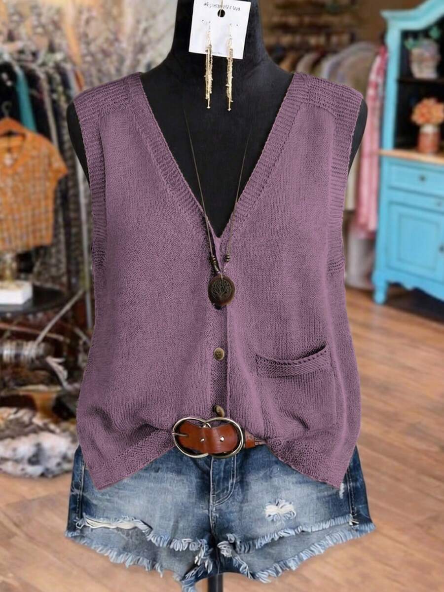 Linhara Áo vest len dệt kim cổ chữ V không tay, cài nút, màu trơn, cỡ lớn dành cho nữ, kiểu dáng thường ngày, thích hợp mặc mùa xuân/thu, áo vest nữ mặc thường ngày, áo kiểu rộng rãi cho nữ. - Màu đỏ tím - Xem 1