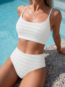 Swim Basics 女士纯色纹理细肩带比基尼套装，夏季海滩度假 - 白色 - 查看 5