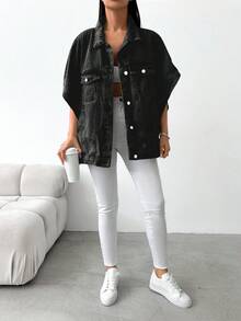 EURMUSE Loose Fit Casual Half Sleeve Denim Jacket - Black - View 3