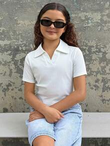 Dazy Kids Tween Girls' Collared Short Sleeve Fitted T-Shirt Summer - White - View 6