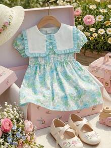 SHEIN 法式新款女婴优雅碎花蝴蝶结领短袖连衣裙，夏季户外田园风 - 彩色 - 查看 3