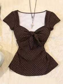 IslaSuriya Plus Size Women Polka Dot Print Front Knot Short Sleeve T-Shirt - Coffee Brown - View 1