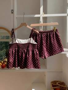 Conjunto de 2 piezas de camiseta sin mangas y pantalones cortos con estampado de lunares para vacaciones, lunares negros - Marrón - Ver 11