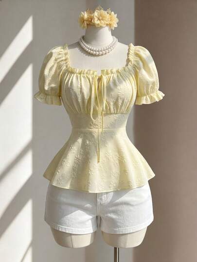 Endroma Nueva blusa de mujer con textura tejida de tela arrugada, manga corta tipo globo, con nudo delantero y cintura ajustada en la espalda, elegante para vacaciones, citas casuales, joven y refinada