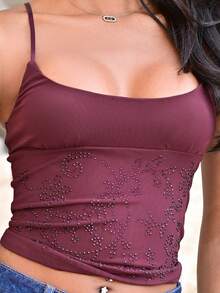 Mima John 1pc Women's Solid Color Knit Mesh Sequin Spaghetti Strap Cropped Fitted Tank Top Holiday,For Autumn And Winter Casual Summer - Brown - View 3