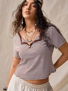 Nubod Plus Size Retro 1950s Vintage Brown Striped Polo Collar V-Neck Casual Vacation Daily Street Wear All-Match Fitted Short Sleeve T-Shirt Summer - Brown - View 5