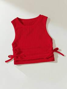 SHEIN Camiseta sin mangas de cuello redondo para niña joven en unicolor - Rojo - Ver 5