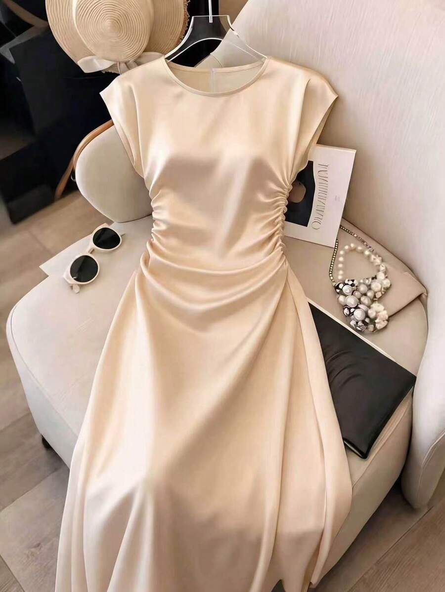 Franclia 优雅度假连衣裙,适合春夏穿着,系带腰身女式连衣裙,新款白色连衣裙,修身连衣裙 - 杏色 - 查看 1