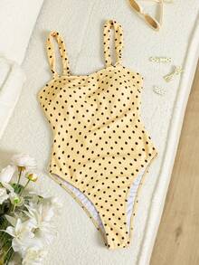Swim Mod 2026 Spring/Summer New Women's Thick Strap Yellow Print Cute Hollow-Out Backless One-Piece Swimsuit, Beach Vacation Vacation Tropical - Apricot - View 2