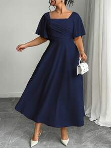 Modelyn Plus Size Navy Blue Summer Elegant Wedding Midi Wrap Dress,Square Neck Flutter Sleeve Cross-Over Bust Waist Cinched A-Line Modest Chic Holiday Outfits - Navy Blue - View 1