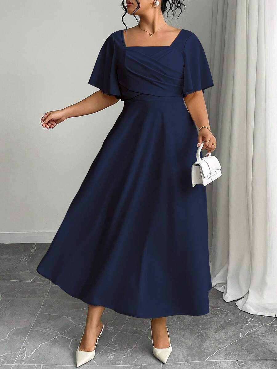 Modelyn Plus Size Navy Blue Summer Elegant Wedding Midi Wrap Dress,Square Neck Flutter Sleeve Cross-Over Bust Waist Cinched A-Line Modest Chic Holiday Outfits - Navy Blue - View 1