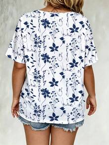 EMERY ROSE Plus Size Floral Print Drawstring Short Sleeve T-Shirt, Plus Size Tee For Summer - Multicolor - View 2