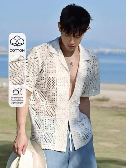 DAZY Áo sơ mi trắng nam có họa tiết, thích hợp cho kỳ nghỉ hè.