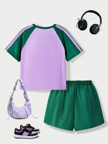 SHEIN Bộ đồ 2 mảnh Casuvi Kids dành cho bé gái: Áo thun dệt kim kết hợp với quần short dệt kim kiểu dáng thường ngày, họa tiết nơ hoạt hình, sọc bên hông tương phản, phong cách thường ngày kiểu Mỹ, phù hợp cho trang phục hàng ngày và kỳ nghỉ xuân/hè. - Màu Lilac Tím - Xem 2