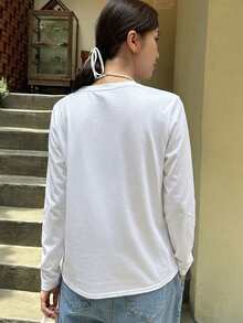 DAZY 女款白色圓領長袖純棉休閒寬鬆版型內搭T恤，舒適百搭日常穿著夏季 - 白色 - 查看 2