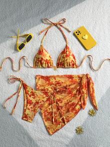 Swim Mod Bộ đồ đi biển mùa hè 3 món dành cho nữ: Áo bikini buộc dây cổ yếm họa tiết hoa, quần bikini buộc dây bên hông và váy bikini lưới xuyên thấu. - Nhiều màu - Xem 7