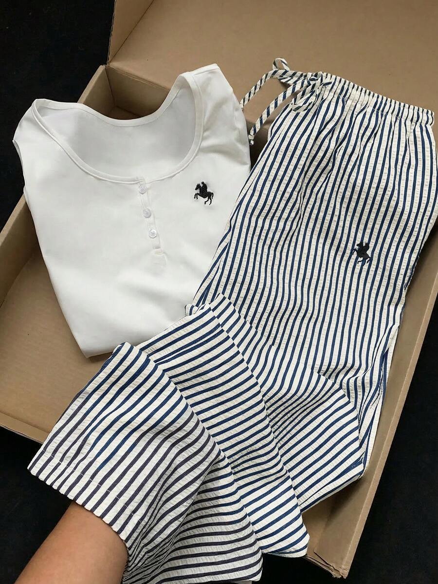 Comfortcana Women's Summer Blue And White Stripe 2-Piece Set,Casual Lounge Button Top & Embroidered Pants Outfit,Navy Blue Beach,Thanksgiving,Christmas Apparel - Navy Blue - View 1