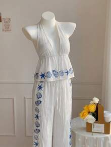 Comfortcana Summer Halter Backless 2 Pieces Set With Ocean Elements For Women,Summer Outfits For Women - White - View 5
