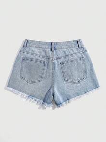 ROMWE Grunge Punk Shorts vaqueros rotos y con puños de estilo casual y de moda para mujer, adecuados para el uso diario en verano - Celeste - Ver 2