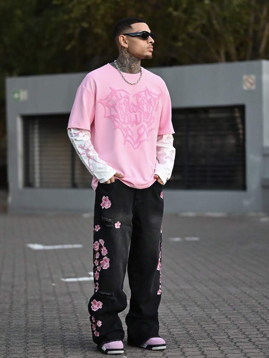Devon Thys 男士街头时尚梅花刺绣水洗阔腿牛仔裤,垃圾摇滚 - 黑色 - 查看 1