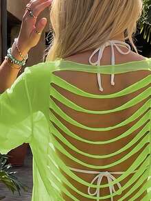 Swim SXY Áo che Nữ Cắt ra cắt màu trơn - Màu xanh chanh - Xem 4