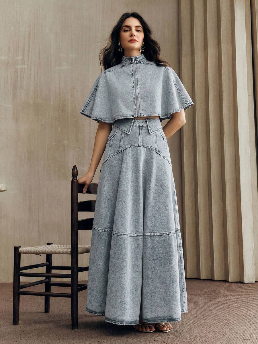 Anewsta Bộ đồ denim hồng nhạt thời trang thu đông dành cho nữ: Chân váy denim xếp ly + Áo choàng denim tay ngắn - Màu xanh lam - Xem 1