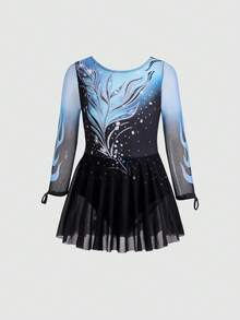 SHEIN 女童长袖渐变网纱体操服，贴身设计防止走光，适合运动、体操和舞蹈比赛，四季皆宜，印花精美，弹性舒适，女童花样滑冰服，宝石蓝配闪亮水晶印花，高弹修身设计，飘逸网纱裙摆 - 黑色 - 查看 6