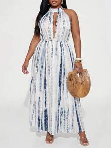 Slaydiva Đầm maxi mùa hè thanh lịch dành cho nữ, màu hồng xanh nhuộm tie-dye, cổ yếm, cổ chữ V xẻ sâu, dáng dài, trang phục đi biển nghỉ mát, phong cách thời trang đường phố boho sành điệu. - trắng - Xem 6