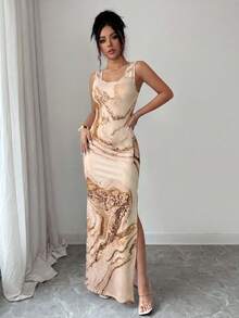 SHEIN Elenzya Exquisite Printed Chinoiserie Waist-Cinching Slit Luxurious Retro Middle Eastern UAE Style Robe, Tight Fit, Multi-Color, Sleeveless - Multicolor - View 6