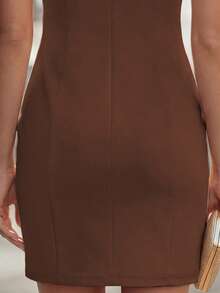 EMERY ROSE V-Neck Sleeveless Metal Buckle Waist Bodycon Mini Dress For Women - Coffee - View 6