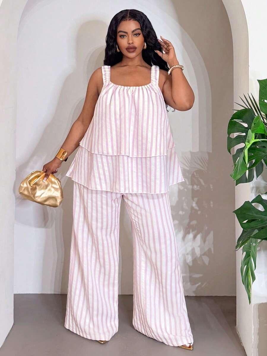 Slaydiva Bộ đồ hè thanh lịch dành cho nữ gồm 2 món, áo hai dây xếp ly hai lớp màu hồng trắng kẻ sọc + quần ống rộng cạp cao, trang phục thường ngày năng động, phong cách đường phố thời thượng trên dành cho phái nữ. - Hồng - Xem 1